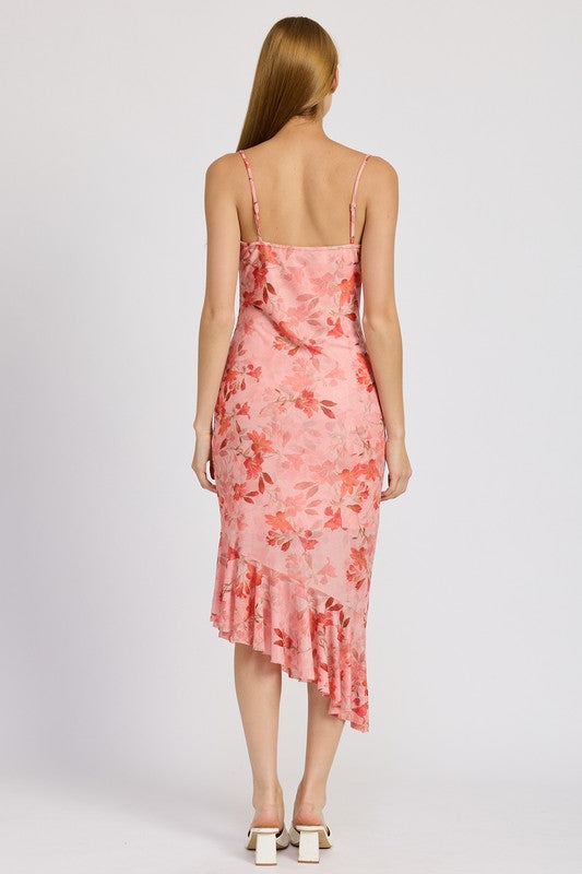 FLORAL ASYMMETRICAL DRESS WITH RUFFLE DETAIL