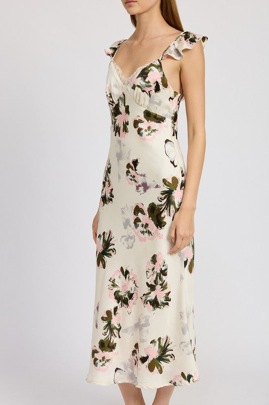 FLORAL MIDI DRESS WITH LACE DETAIL